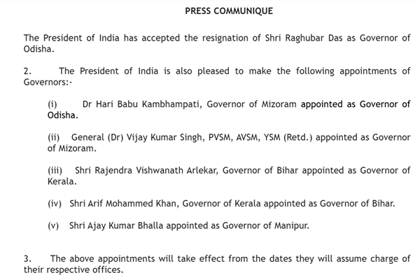 President Droupadi Murmu Appoints New Governors in 5 States