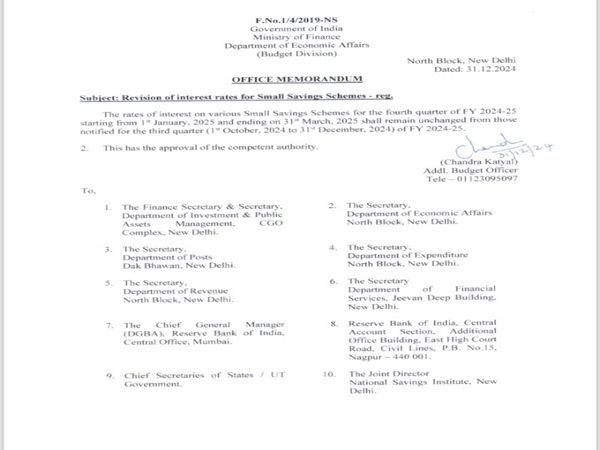 Interest Rates on Small Savings Schemes Remain Unchanged for Q4 of FY 2024-25