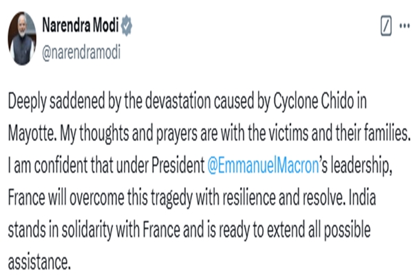 PM Modi expresses grief over devastation caused by Cyclone Chido in Mayotte