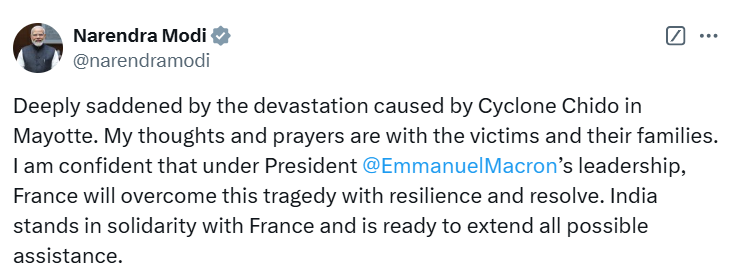 وزیر اعظم نریندر مودی نے فرانس کے Mayotte میں سمندری طوفان Chido کے سبب تباہی پر رنج و غم کا اظہار کیا ہے