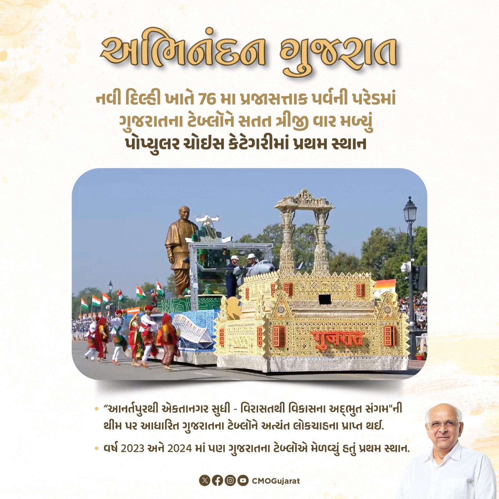 નવી દિલ્હીમાં પ્રજાસત્તાક પર્વની રાષ્ટ્રીય પરેડમાં ગુજરાતના ટેબ્લોને સતત ત્રીજા વર્ષે પ્રથમ ક્રમાંક મળ્યો