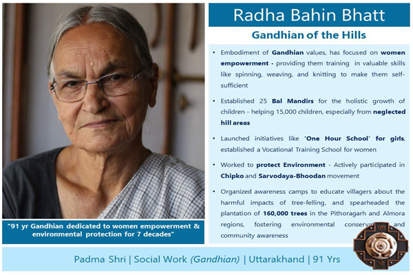 उत्तराखंड की राधा बहिन भट्ट और ह्यूग-कोलीन गैंटज़र को इस वर्ष पद्मश्री से किया जाएगा सम्मानित