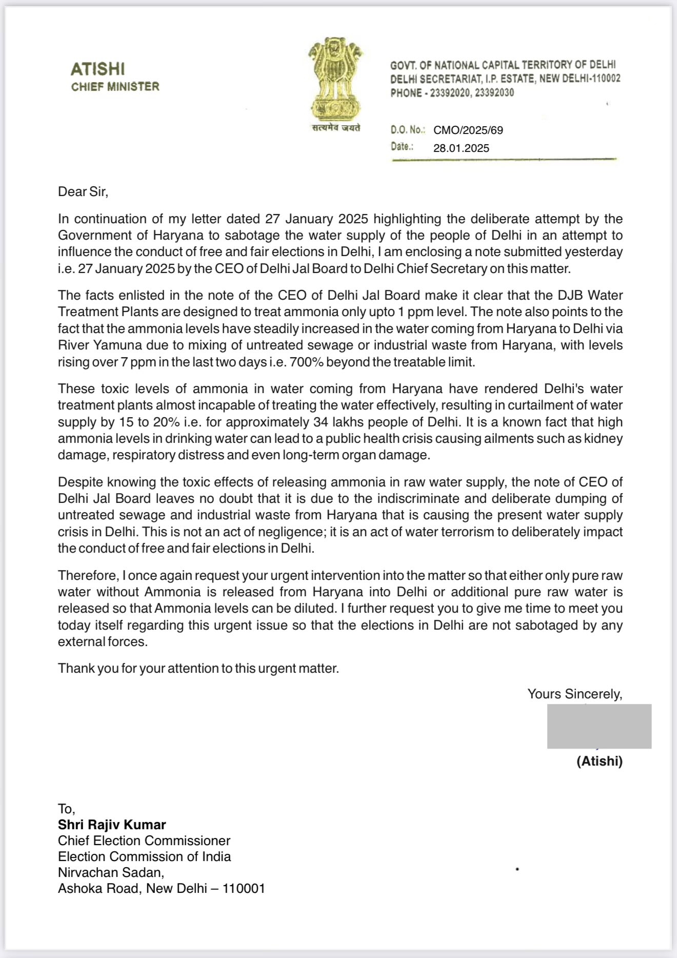 दिल्ली की मुख्यमंत्री आतिशी ने बढ़ते जल-संकट को लेकर चुनाव आयोग से मुलाकात की