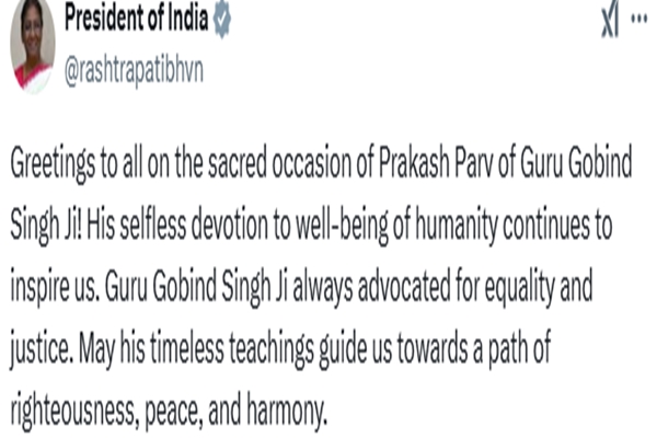 President Murmu greets nation on Prakash Parv of Guru Gobind Singh