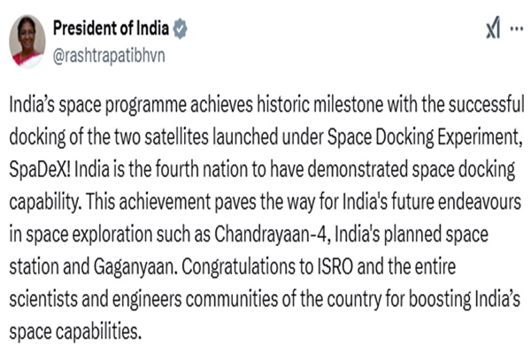 President Murmu congratulates ISRO for successful space docking of 2 satellites