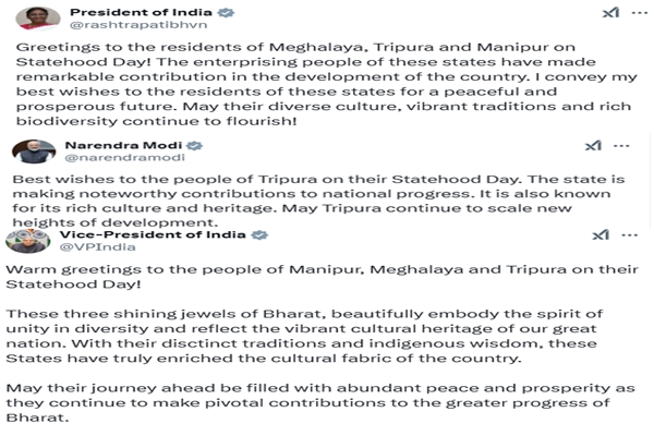 President, Vice President, Prime Minister extend greetings to Meghalaya, Tripura, Manipur on Statehood day