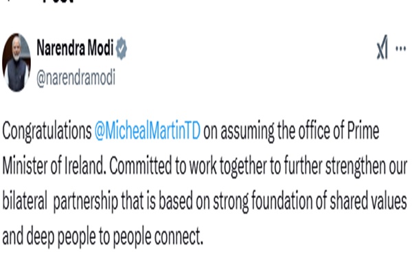 PM Modi congratulates Micheál Martin on assuming office as Ireland’s PM