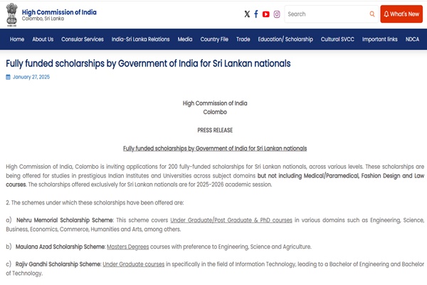 India announces fully-funded scholarships for Sri Lankan nationals