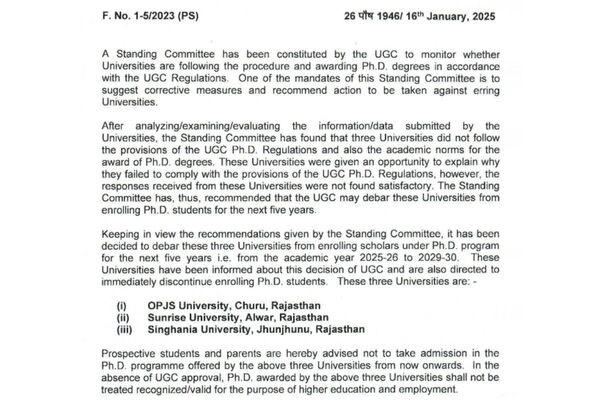 UGC debarred three Universities for 5 yrs from enrolling for PhD programme