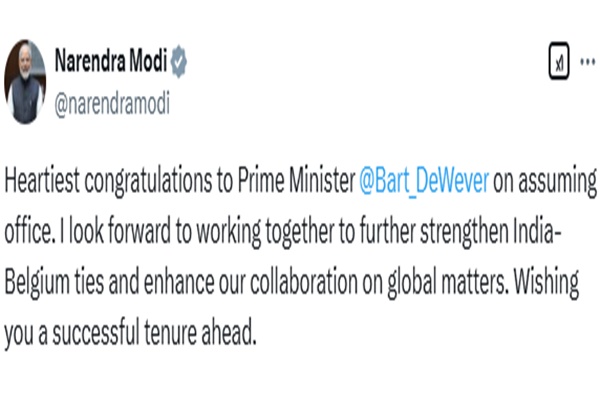 PM Modi congratulates Bart De Wever on assuming office of Belgium’s Prime Minister