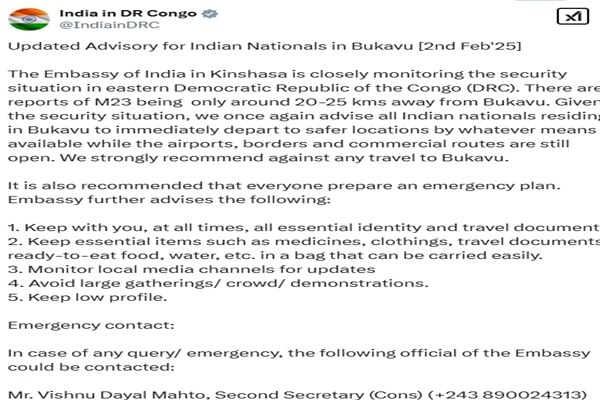 India advises Indian nationals in Congo’s Bukavu to depart to safer locations amid reports of M23 rebels approaching city