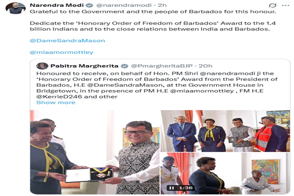 PM Modi expresses gratitude for Honorary Order of Freedom of Barbados ...