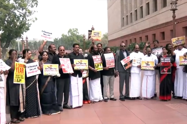 DMK MP protests outside Parliament over NEP, demands funds for Tamil Nadu