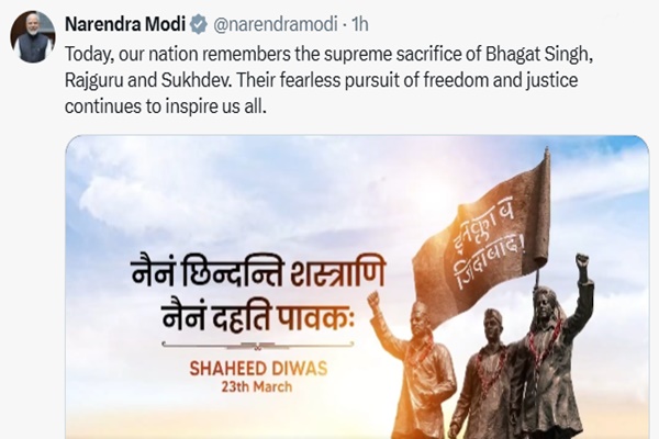 PM Modi pays tribute to Bhagat Singh, Sukhdev, Rajguru on Martyrs’ Day