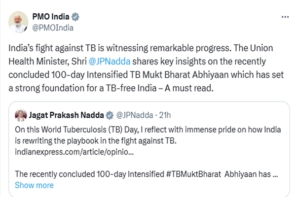 तपेदिक-टीबी के खिलाफ अभियान ने टीबी मुक्त भारत के लिए एक मजबूत नींव रखी है: प्रधानमंत्री नरेन्‍द्र मोदी