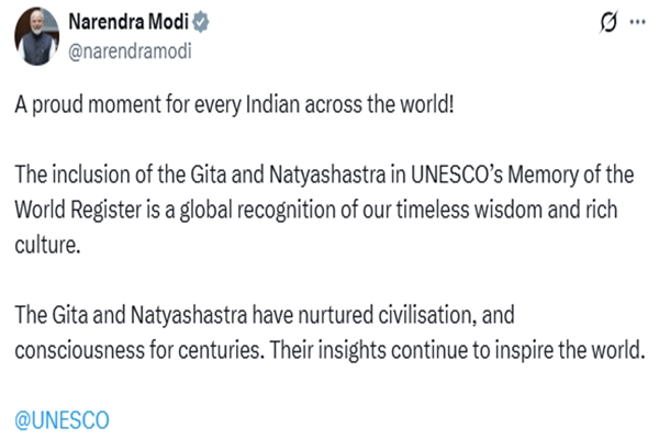 PM Modi hails global recognition of Gita, Natyashastra in UNESCO’s Memory of the World Register