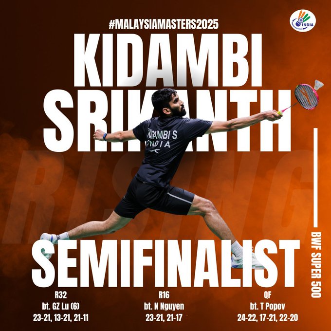 মালয়েশিয়া মাস্টার্স ব্যাডমিন্টনে পুরুষ সিঙ্গলসে ভারতের কিদাম্বি শ্রীকান্ত সেমিফাইনালে আজ জাপানের ইউশি তানাকার মুখোমুখি হবেন।