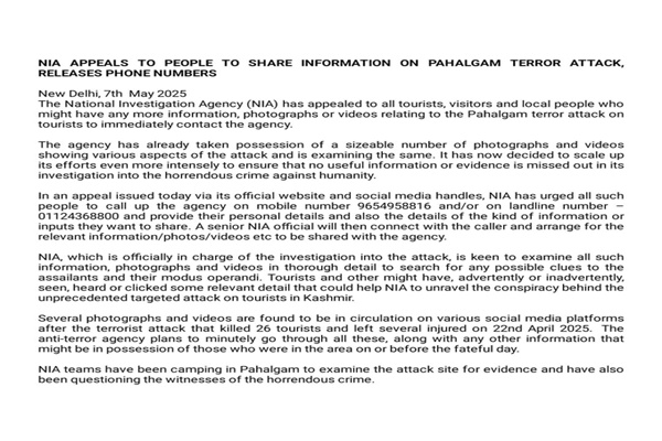 NIA appeals to share more input with Agency on Phalagam terror attack