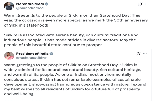 राष्ट्रपति द्रौपदी मुर्मु और प्रधानमंत्री नरेंद्र मोदी ने सिक्किम दिवस पर राज्‍य के लोगों को शुभकामनाएं दी
