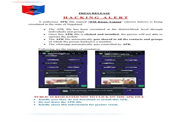 Nagaland Police issues alert on malicious PM Kisan Yojana APK file circulating across state
