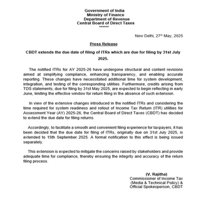 Last date of filing ITR extends from 31st July to 15th September 2025