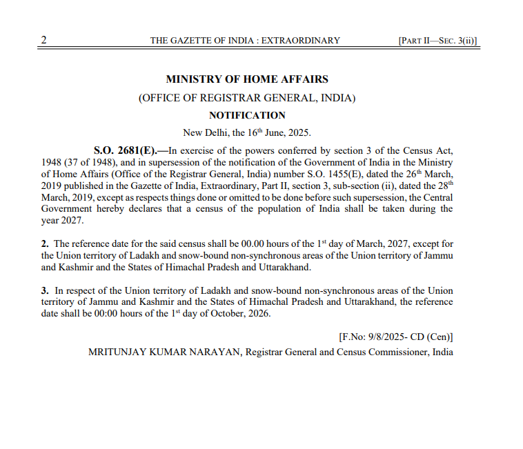 16th census to be held in two phases beginning from 1st October 2026