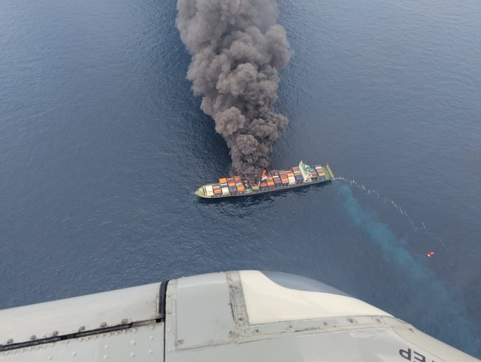 Singapore cargo ship en route from Colombo to Mumbai caught fire near coast of Kozhikode
