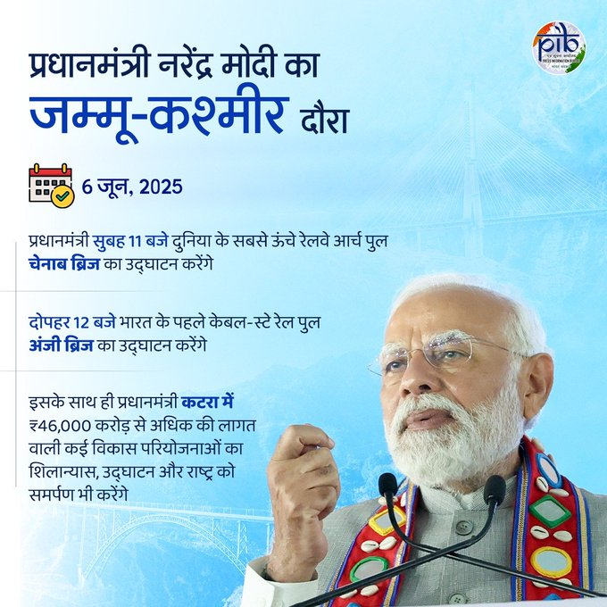 પ્રધાનમંત્રી આજે જમ્મુ અને કાશ્મીરમાં ઉધમપુર-શ્રીનગર-બારામુલ્લા રેલ લિંક પ્રોજેક્ટ રાષ્ટ્રને સમર્પિત કરશે – વિવિધ રોડ પ્રોજેક્ટ્સનાં શિલાન્યાસ અને ઉદ્ઘાટન કરશે.