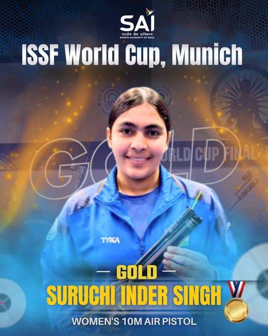निशानेबाजी विश्‍व कप: भारत की सुरुचि सिंह ने महिलाओं की 10 मीटर एयर पिस्टल स्‍पर्धा के फाइनल में स्वर्ण पदक जीता