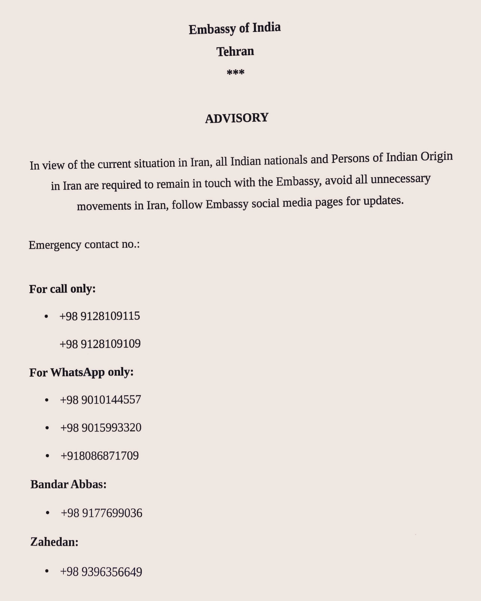 Indian Embassy in Tehran continuously monitoring the security situation, Issues Advisory