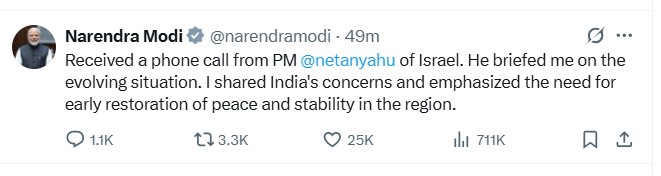 प्रधानमंत्री मोदी को इस्राइल के प्रधानमंत्री नेतन्याहू ने पश्चिम-एशिया में उभरती स्थिति के बारे में जानकारी दी