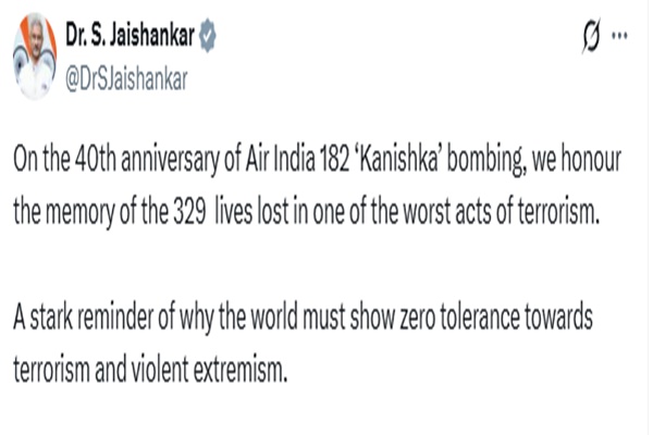 कनिष्क बम विस्फोट की 40वीं वर्षगांठ पर विदेश मंत्री डॉ. एस. जयशंकर ने हमले में मारे गए लोगों को श्रद्धांजलि अर्पित की