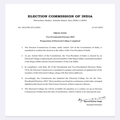 EC finalises Electoral College list for Vice President Election