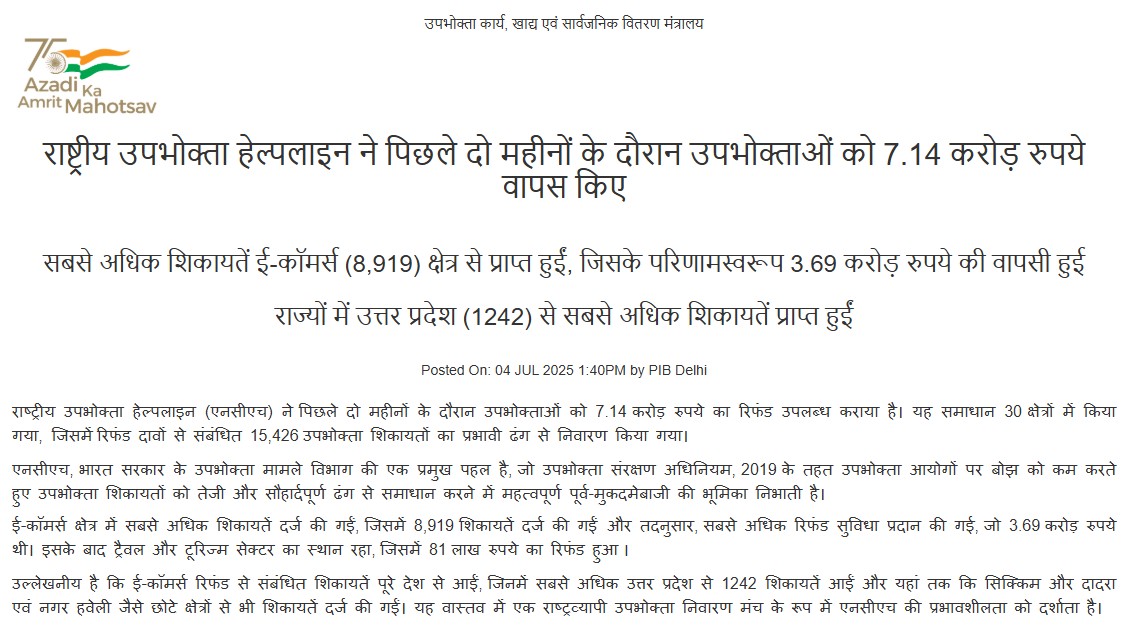 एनसीएच ने पिछले दो महीने में उपभोक्‍ता शिकायत से जुड़े मामलों को निपटाते हुए सात करोड़ रुपए से अधिक का रिफंड दिलाया