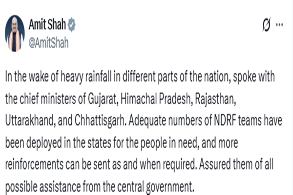 HM Amit Shah speaks to Chief Ministers of five rain affected states, assures all possible assistance from Centre