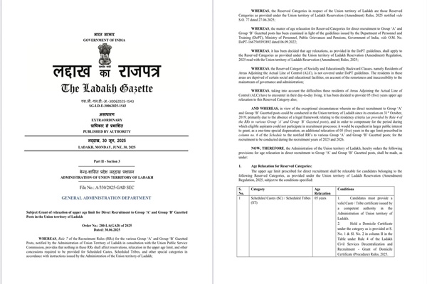 Ladakh grants one-time age relaxation for Group A & B govt jobs