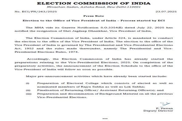 Election Ccommission  initiates process for election of Vice President