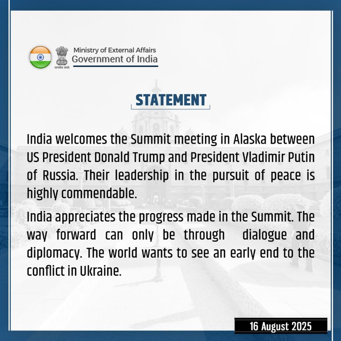 India welcomes Trump-Putin’s Alaska talks;  says their leadership in pursuit of peace is highly commendable