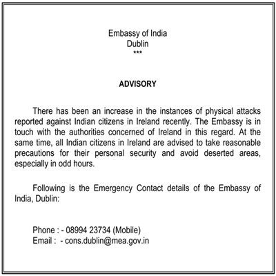 MEA advises Indians in Ireland to be alert regarding personal security