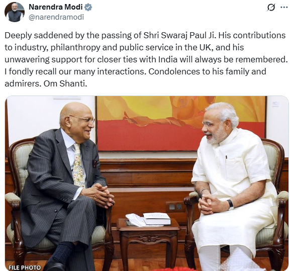 प्रधानमंत्री नरेन्‍द्र मोदी ने अनिवासी भारतीय उद्योगपति और जनसेवी स्‍वराज पॉल के निधन पर गहरा दुख प्रकट किया