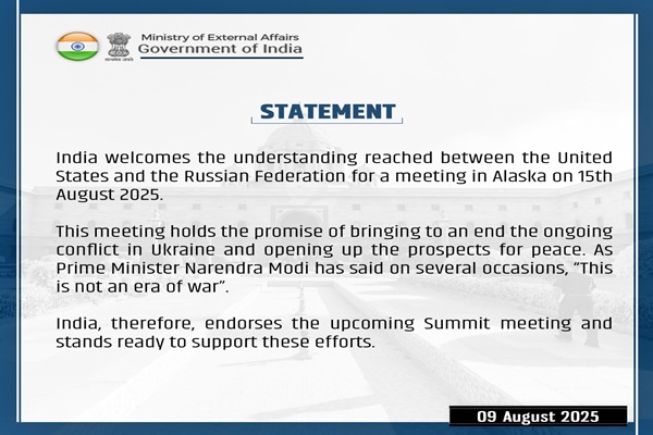 India Welcomes US-Russia Summit in Alaska, Hopes for Ukraine Peace