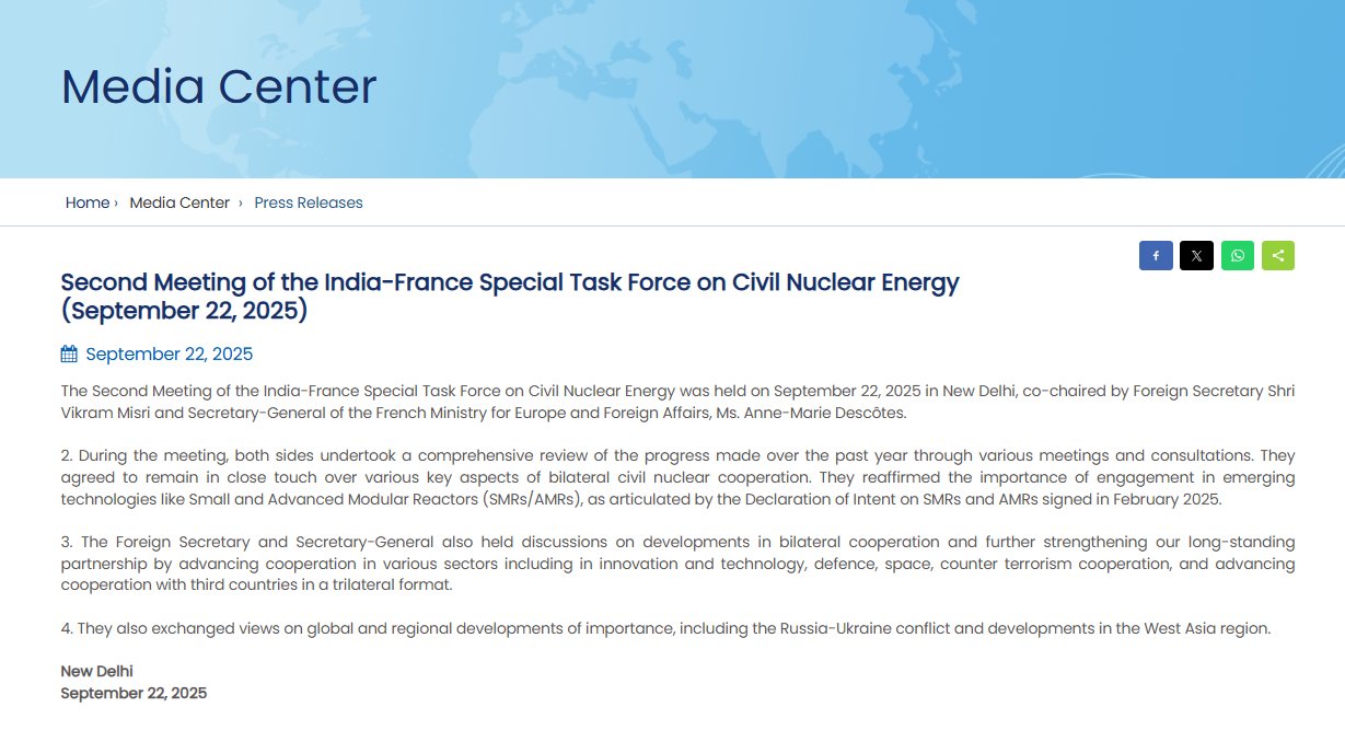 2nd Meeting of India-France Special Task Force on Civil Nuclear Energy held in New Delhi