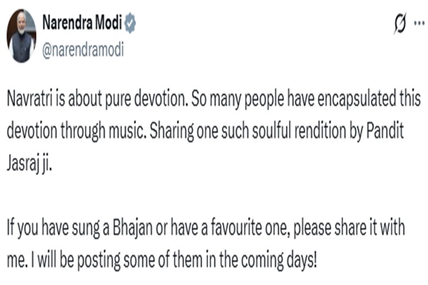 प्रधानमंत्री नरेंद्र मोदी ने नवरात्रि के अवसर पर पंडित जसराज द्वारा रचित एक भावपूर्ण प्रस्तुति साझा की