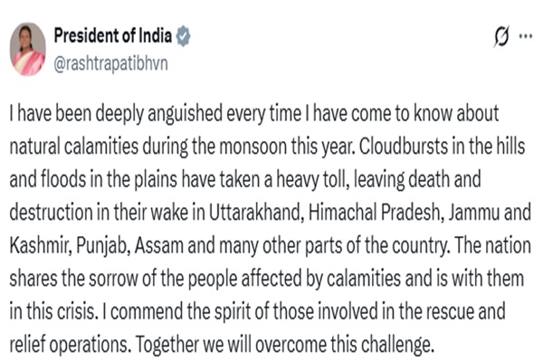 President Murmu Commends Rescue Efforts, Expresses Solidarity with Natural Calamity Victims