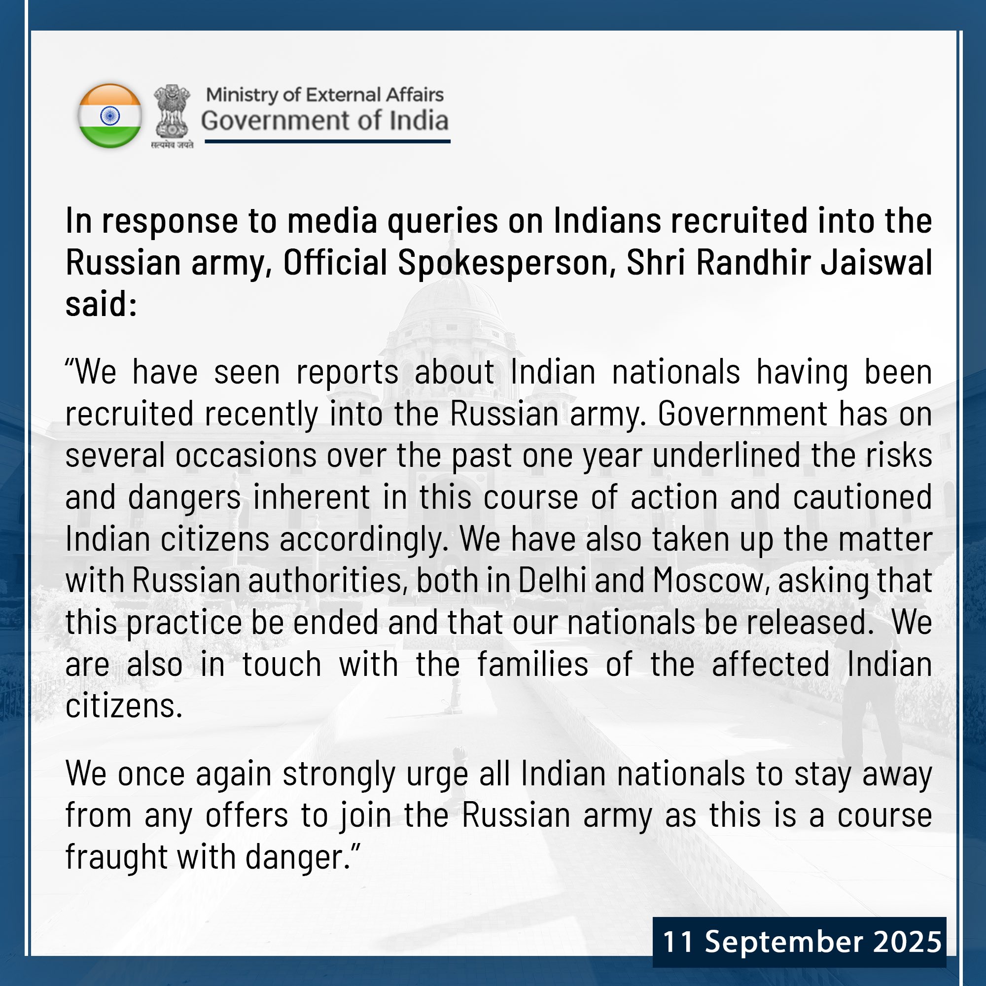 MEA Urges Citizens to Stay Away from Russian Army Recruitment