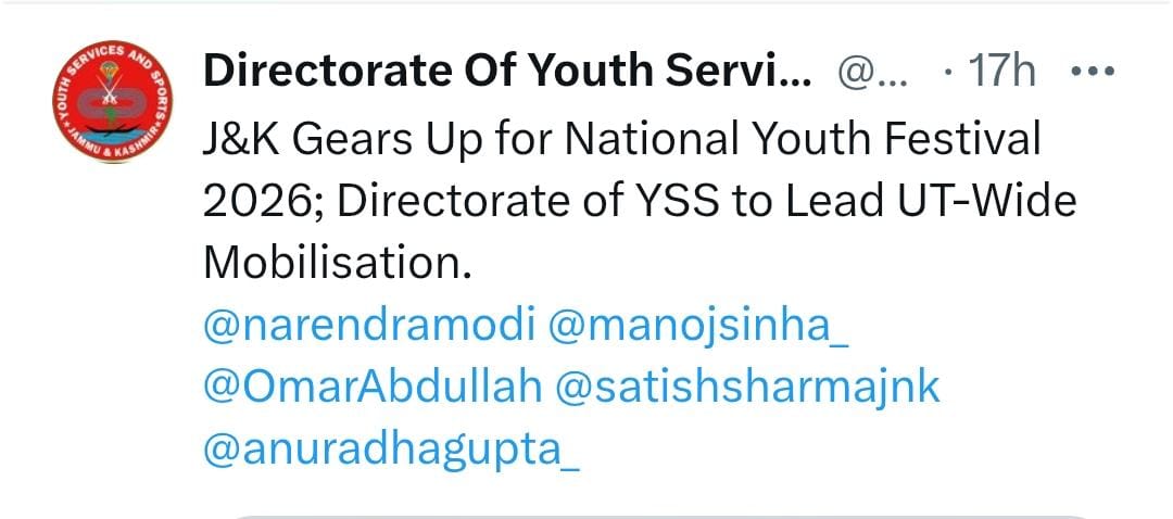 जम्मू-कश्मीर के युवा सेवा और खेल निदेशालय को राष्ट्रीय युवा महोत्सव 2026 के लिए नोडल एजेंसी नियुक्त किया गया