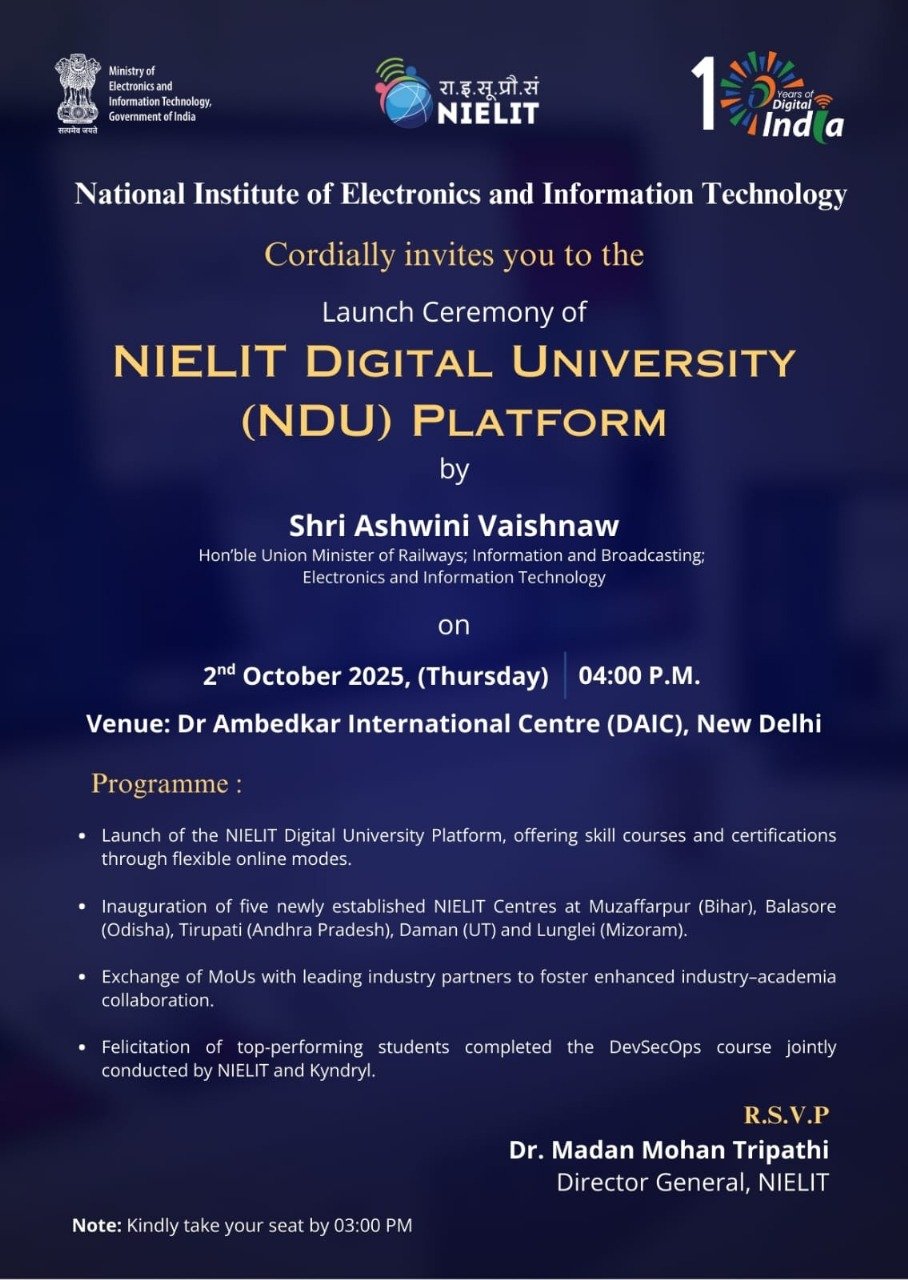Union Minister Ashwini Vaishnaw to Inaugurate NIELIT Digital University Platform in New Delhi Today