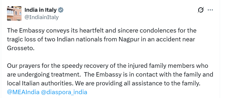 Two Indian Nationals from Nagpur Die in Accident Near Grosseto, Italy