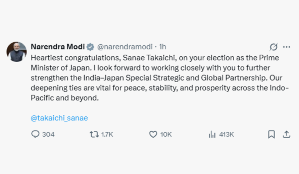 प्रधानमंत्री नरेन्‍द्र मोदी ने साने ताकाइची को जापान की प्रधानमंत्री चुने जाने पर बधाई दी