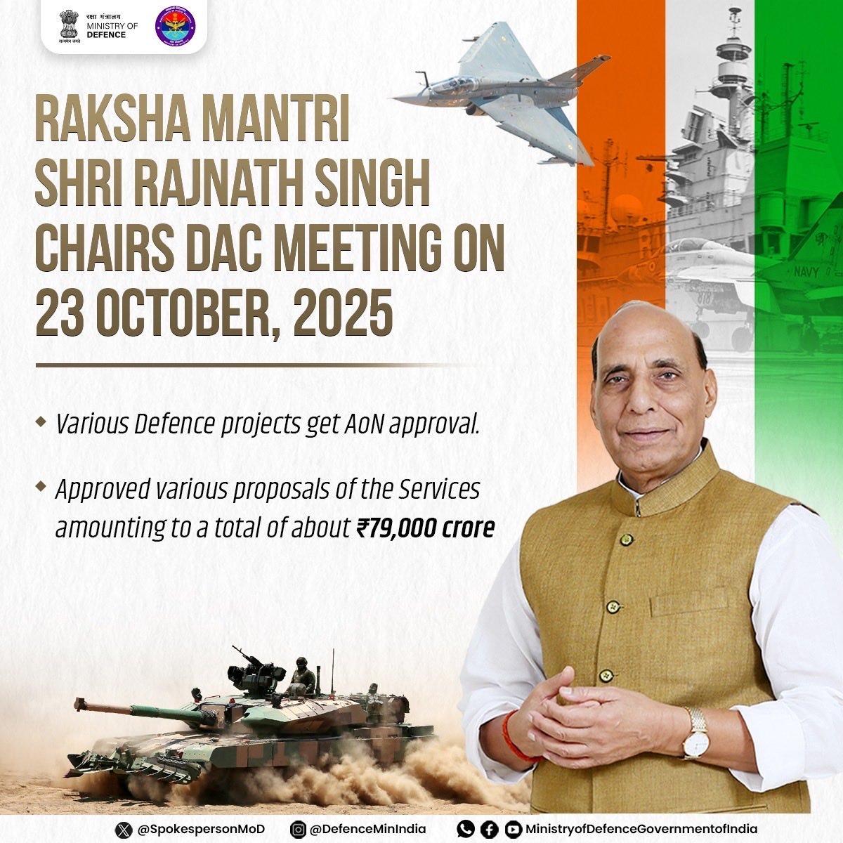 रक्षा अधिग्रहण परिषद ने सशस्त्र बलों की क्षमता बढ़ाने के लिए लगभग 79,000 करोड़ रुपये के प्रस्तावों को मंज़ूरी दी